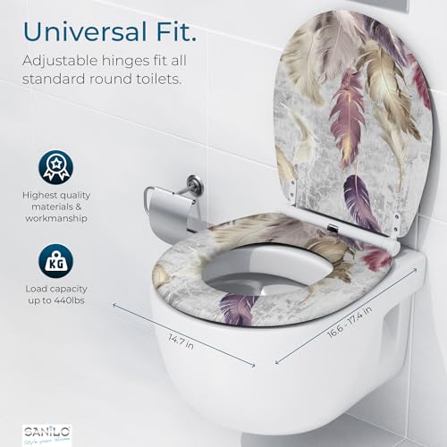 Image of Sanilo Wooden Toilet Seat with Quick Release & Soft Close [ROUND] - Decorative & Slow Close Molded Wood Seat - With One Click for Easy Installation & Cleaning - With Adjustable Fit (Feathers)