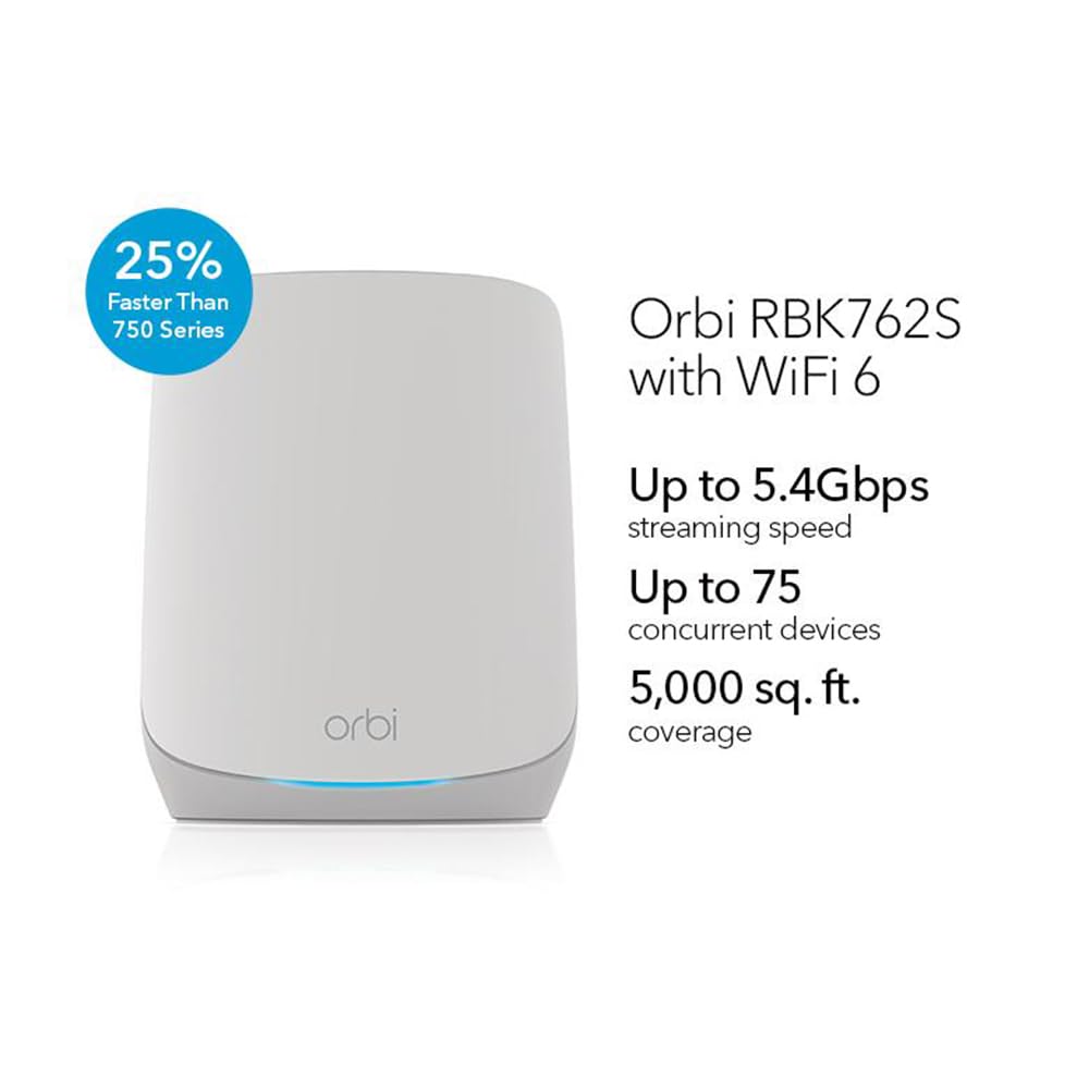 NETGEAR Orbi Sistema de Red de Malla WiFi 6 (RBK763S) – Router & 2 Extensor Satélites, características Seguridad, hasta 5,4 Gbps, Cubre 525 m², 75 Dispositivos, Armor Gratuita