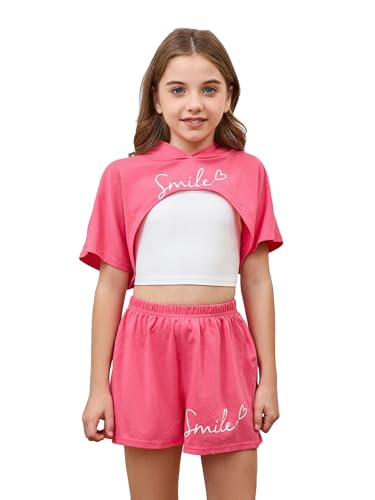 Image of SweatyRocks Girl's 3 Piece Outfits Letter Print Short Sleeve Hooded Tops and Cami Tops with Shorts Set