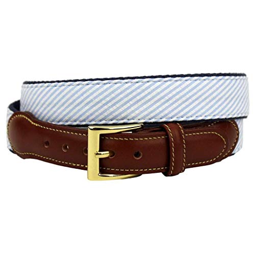 COUNTRY CLUB PREP Seersucker Leather Tab Belt in Light Blue