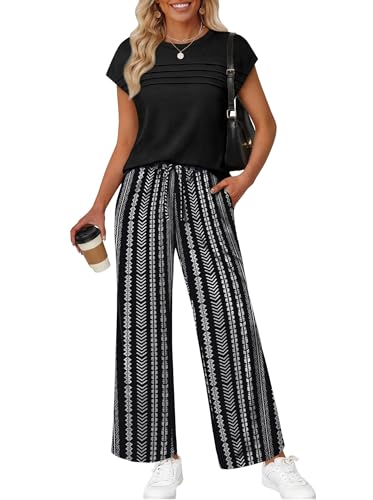 WIHOLL Two Piece Set for Women Summer Spring Outfits Business Casual Airport Travel Vacation Clothes Trendy Casual Lounge Sets Matching Clothing Wide Leg Pant Fashion M - view 1