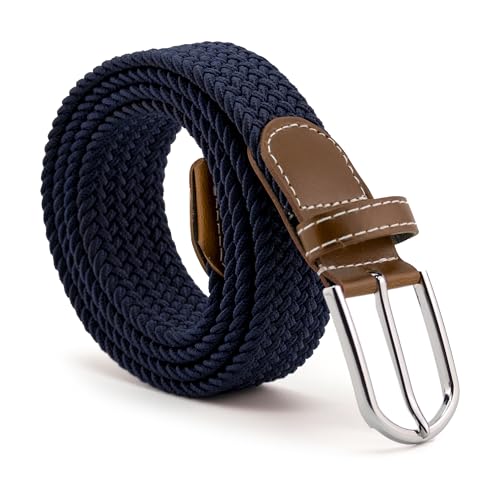 Cinturón trenzado extensible y elástico, Cinturón de tela elástica trenzada, Cinturón de tejido elástico, Cinturón ajustable trenzado, Ajuste flexible, Azul marino, Longitud 110 cm