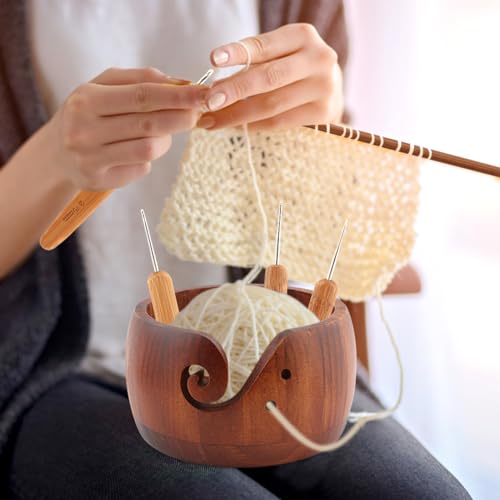 Image of Balana DIY Knitting Wool String Multifunctional Wooden Yarn Bowl Include 10 Crochet Hooks, Yarn Bowls with Lid for Knitting Crochet Yarn Ball Holder Handmade Yarn Storage Bowl, Dark browm, 22352197