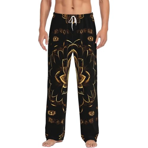 Pantalon de pyjama en flanelle pour homme avec motif lotus doré et polaire douce taille élastique
