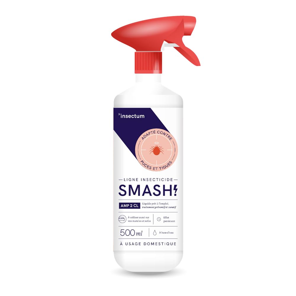 SMASH Spray Anti-Puces et Anti-Tiques pour Environnements et Tissus - Pour Utilisation à Domicile et en Extérieur - 1x500ml - Insecticide Sans Perméthrine