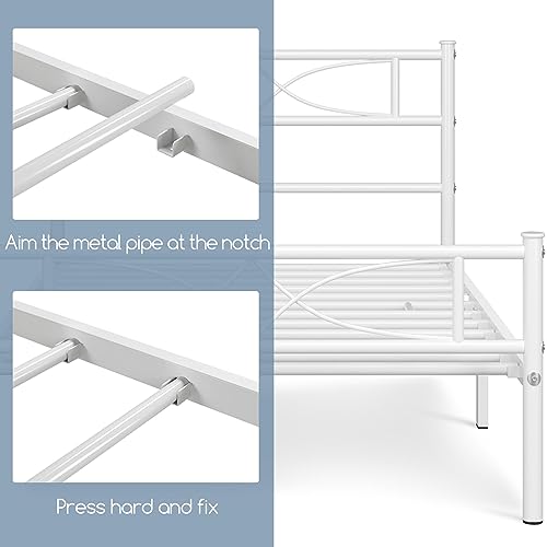 Yaheetech Metallbett 90 x 200 cm Bettrahmen mit Hohem Kopfteil Gästebett mit Lattenrost für Schlafzimmer Gästezimmer Viel Stauraum unter dem Bett Weiß