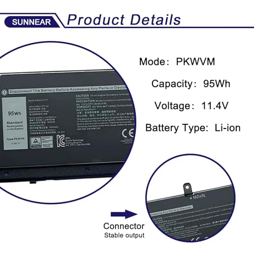 Image of 6-Cell 95Wh PKWVM Laptop Battery Compatible with Dell Precision 7550 7560 7750 7760 Series P44E P93F P44E001 P44E002 P93F001 PKWVM 0CR72X CR72X 447VR CPA-447VR 017C86