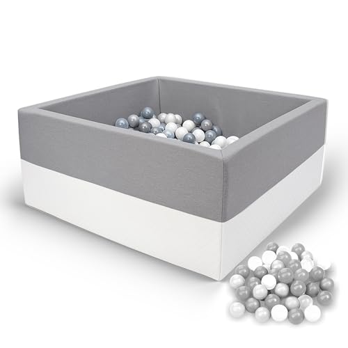Rainbow Kids - XXL Luxus Bällebad Bällepool Bällebecken Spielbälle Kugelbad Bällchenbad Spielbecken Ball Bällepool (90x90x40 mit 200 Bällen) (Grau-Weiss)