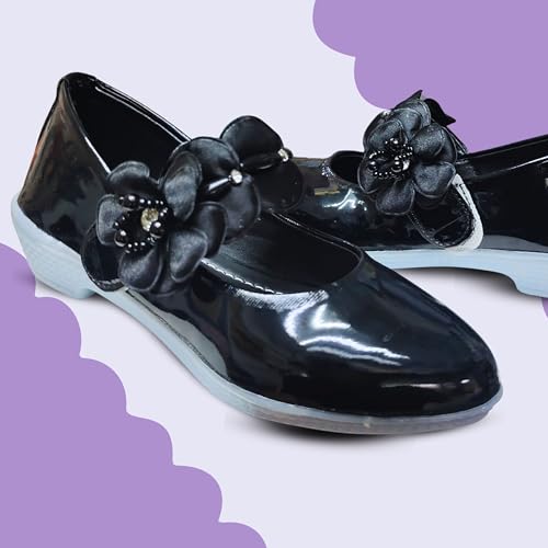 Image of Girls' Patent Mary Jane Shoes with Floral Embellishment, Attractive Colour's, Pearl Flower Welcro Bellies |DMND-3|