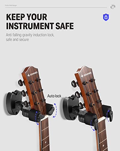 Donner Locking Guitar Wall Mount 1-Pack, Auto Lock Guitar Wall Hanger for Acoustic Electric Guitar Bass Ukulele Mandolin, Black - image 3