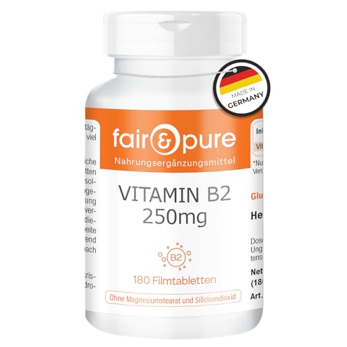 Fair & Pure Vitamina B2 250mg, 180 unidades, 250mg de vitamina B2 (riboflavina) por comprimido, fácil de tragar, complemento alimenticio vegano sin aditivos, fabricado en Alemania