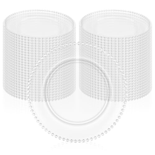 fani 50 Pack Clear Charger Plates Bulk 13 Inch Plastic Round Dinner Chargers with Beaded Rim, Acrylic Decorative Service Plates for Wedding Party Event, Home and Tabletop Decor (Clear)