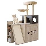 IRONCK Litter Box Enclosure with Cat Tree, 46" Hidden Litter Box with Sisal Scratching Ladder and Storage, Modular Wooden Litter Box Furniture with Condo and Platform, All-in-one Cat Tower, Greige