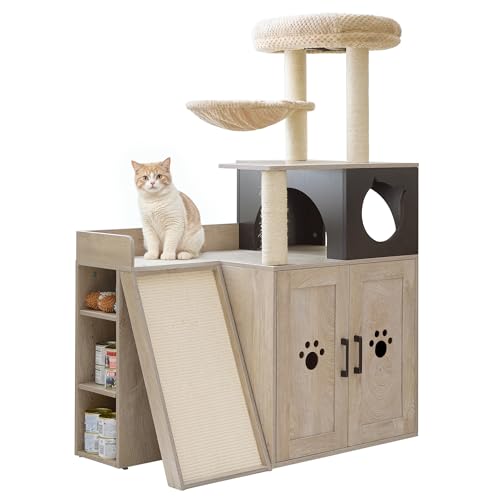 IRONCK Litter Box Enclosure with Cat Tree, 46" Hidden Litter Box with Sisal Scratching Ladder and Storage, Modular Wooden Litter Box Furniture with Condo and Platform, All-in-one Cat Tower, Greige