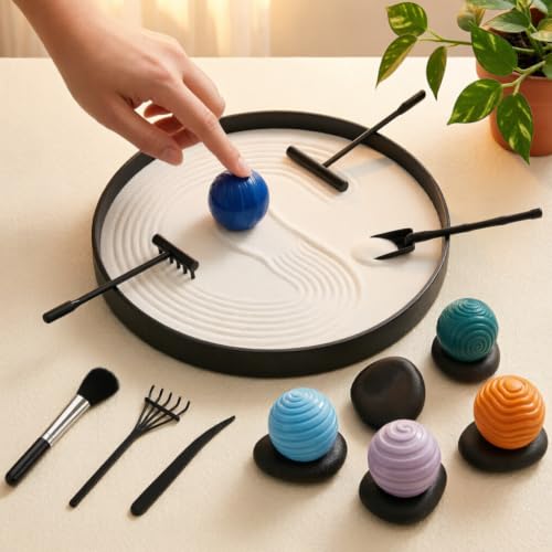 Wowagoga Desk Zen Garden Kit with 6 Textured Sensory Balls, Sand & Tools, Mini Meditation Set for Stress Relief and Desktop Decor