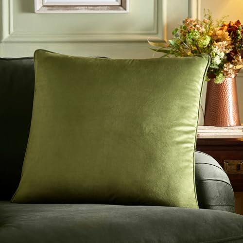 Appletree Velvet Cushion – Olive Green Large Decorative Pillow – 55 x 55cm Soft Touch with Filling – Piped Edge Cushion for Sofa, Bed & Home Decor – Cotton Velvet Cover Included