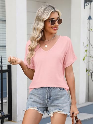 EADINVE Womens V Neck Rolled Sleeve T Shirts Curved Hem Short Sleeve Tops Summer Trendy Tees Loose Fit Tunic Shirts 20253