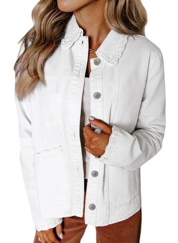 Sidefeel Women's Jean Jacket Long Sleeve Button Down Ruffled Denim Jacket Shacket White Large