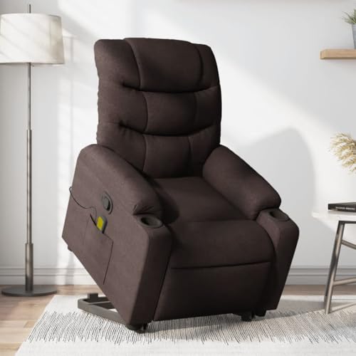 KTHLBRH Silla de Masaje Reclinable con Elevación Eléctrica y Función de Vibración, 6 Puntos de Masaje, Inclinación Manual de 135 Grados, Tela Marrón Oscuro, Estructura Sólida