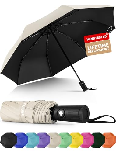 Seniny Windproof Travel Umbrella Automatic Umbrellas for Rain Portable & Compact Umbrellas for Backpack Strong UV for Protection Folding Small Sun Umbrella for Car Walking Beige