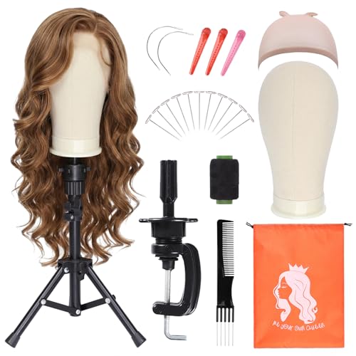 PWEOUKE 22 Inch Canvas Wig Head with Stand for Wigs 14-22 Inch Height Adjustable Wig Stand Tripod with Canvas Block Wig Head Manikin Head Block Set for Cosmetology with Wig Stand and Storage Bag