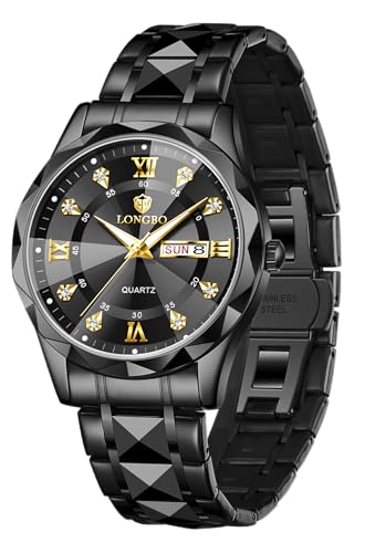 Image of Longbo Zenith Watch for Men Analog Quartz Dress Diamond Business Stainless Steel Watches Waterproof Luminous Date Luxury Men's Wristwatch | Birthday Gift For Men | Gift For Husband | Gift For Brother (Black Black)