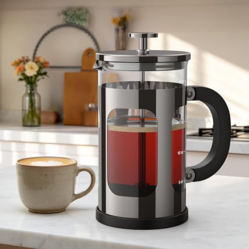 Image of Veken French Press Coffee Maker,No Plastic Touches Cafe,21oz 0.6L Small Pot | Heat Resistant Thickened Borosilicate Glass Stainless Steel Brewer, Single Serve,Kitchen,Travel,Camping,Tea,Gifts,Dark Pewter