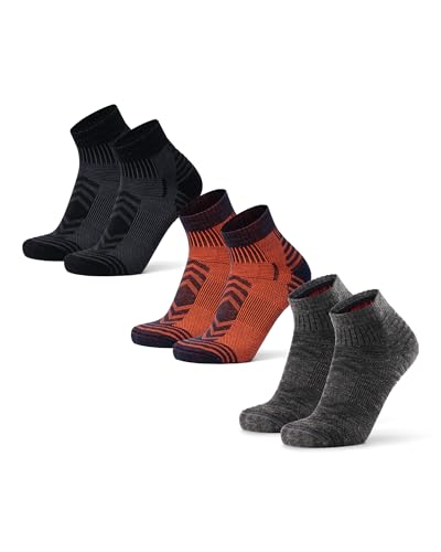 DANISH ENDURANCE Merino Wool Hiking Socks, Low Cut Summer Walking Socks, for Men & Women, Unisex, 3 Pack, Multicolor (1x Navy/Orange, 1x Black, 1x Dark Grey), 9-12