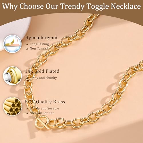 CHESKY Chunky Gold Necklace for Women, Trendy 14K Gold Plated Paperclip Chain Necklace Thick Cross Heart Pendant Necklace Layered Herringbone Cuban Link Chain Toggle Necklaces Non Tarnish Jewelry 5