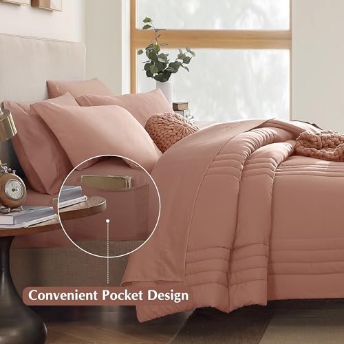 Image of Monbix Full Size Comforter Sets - 7 Pieces Clay Pink Bed in a Bag Full Size Bedding Sets with Comforters, All Seasons Comforter with Sheets, Pillowcases & Shams