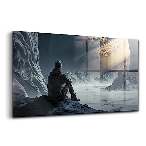 Wallart peinture sur verre moderne grand format 140x70cm thème espace astronaute et planète