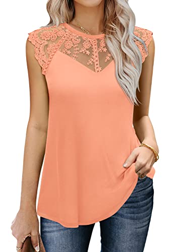 MIHOLL Women's Crew Neck Lace Tank Top 2025 Summer Casual Sleeveless Cami Shirts Dressy Tops(Coral,x-Large)