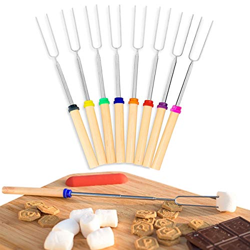 Mluchee 8Pcs Marshmallow Roasting Sticks Smores Skewers for Fire Pit 32inch Telescoping Sausage BBQ Hot Dog Forks Portable Carrying Bag for Grill Campfire