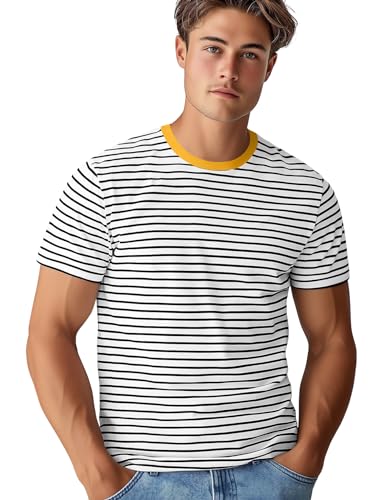 Striped Shirt Mens Short Sleeve Crew Neck Stripe Tshirts Cotton Spandex Classic Fitted Tees (Black White,L)