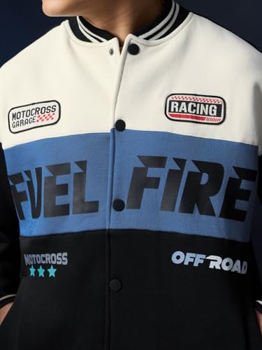 Image of The Souled Store Varsity Jacket: Fuel & Fire Men and Boys Full Sleeves Spread Collar Black and Blue Typography Cotton Polyester Blend Regular Fit Lightweight Winter Varsity Jacket