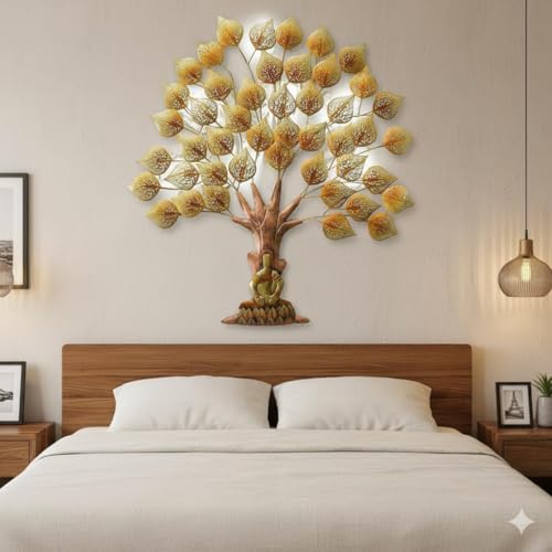 Image of Bharat Art Metal Iron Wall Art Decor for Home Bedroom Living room Cafe Interior Decorative | Elegant Wall Hanging Sculpture with LED Light | Gift Item | GOLDEN BUDHA TREE | 40x2x48 INCH | W041(A)