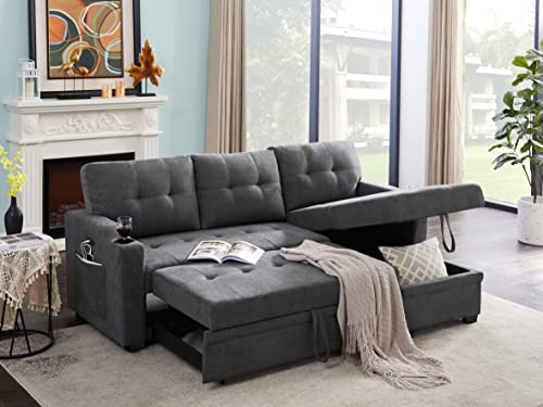 Lilola Home Mabel Dark Gray Woven Fabric Sleeper Sectional with Cupholder and USB Port