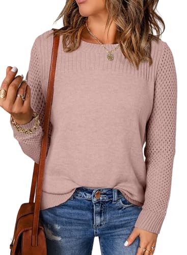 Image of EVALESS Womens Sweaters Casual Long Sleeve Crewneck Knit Lightweight Hollow Out Crochet Sweater Pullover Tops