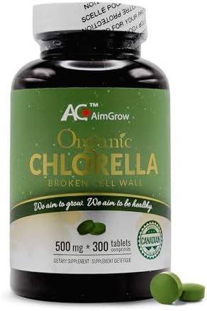 AimGrow Organic Chlorella Tablets with Broken Cell Wall, Canada Organic Certified, 500mg, 300 Tablets
