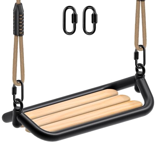 SELEWARE Hanging Wood Swing Seat Tree Swing for Kids, 100% Polyester Weather Proof Rope Heavy Duty Steel Tubing Structure Backyard Swing Set Replacement