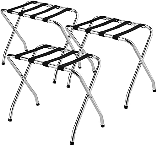 MAT EXPERT Folding Luggage Rack, No Assembly Required, 180lbs Capacity Luggage Holder w/ Nylon Straps & Non-slip Footpads, Chrome Suitcase Stand for Guest Room Home Bedroom Hotel, Set of 3, Silver