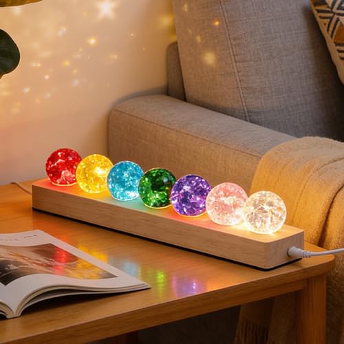 7 Stück 3D Kristallkugel Nachtlicht, Glaskristallkugeln mit LED Holzsockel, Planeten Lampe mit Holzsockel, Glaskugel Lampe, LED Ball Lampe für Zuhause, Zimmer und Büro, Geschenk für Freunde, Lehrer
