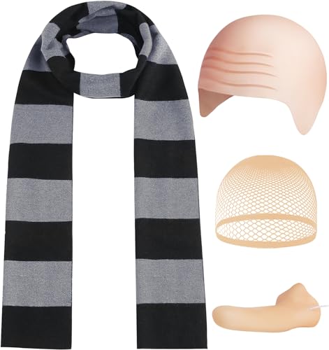 BOXPATH 4 Pcs Halloween Costume Accessories for Adult Bald Cap/Fake Nose/Black Gray Striped Scarf for Men Cosplay Dress Up