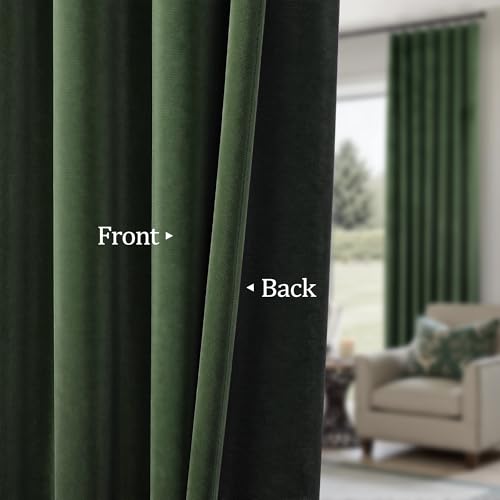 Image of Luxury Velvet Olive Green Curtains 102 Inches Long 2 Panels for Living Room Darkening Dark Out Forest Green Bedroom Curtain Thermal Insulated Custom Made Length Fancy Botanical Coastal Decor Back Tab