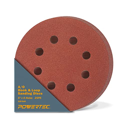 POWERTEC 25PK 120 Grits Sanding Discs 5 Inch - Hook and Loop 5 Inch 8 Hole Aluminum Oxide Sandpaper Discs Woodworking Sanding Pads for Random Orbital Palm Air DA & Pneumatic Sander (45012)