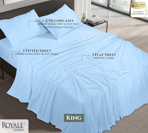 Image of ROYALE LINENS 100% Organic Cotton King Sheet Set - 16 inch Deep Pocket Bed Sheets - Lake Blue Bed Sheets - Sabanas King - 1 Flat, 1 Fitted & 2 Pillowcases - Lake Blue Sheet Set - Cotton Bedding Sets