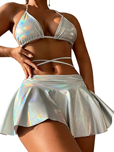 Flatterme 3 Pack Metallic Triangle Bikini Swimsuit With Beach Skirt Criss Cross Halter Cheeky Beachwear(22003-Silver-L) #TOP7