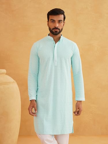 Image of Sojanya (Since 1958 Men'S Geometric Embroidered Thread Work Cotton Straight Long Kurta