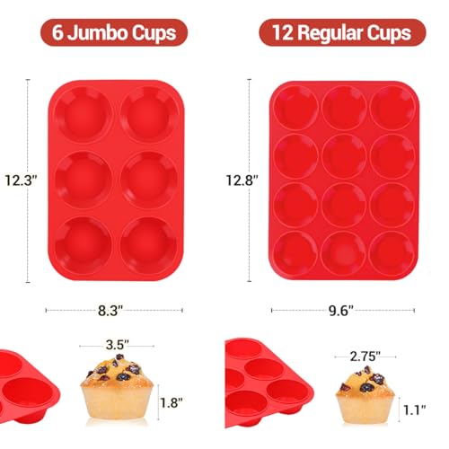 Image of CAKETIME Silicone Muffin Pan, 2 Packs Jumbo 6 Cups and Regular 12 Cups for Baking Muffins, Cupcakes, Egg Bites, Frittatas