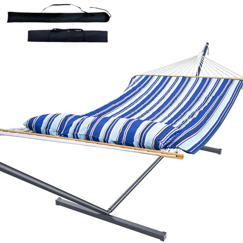 Double Hammock with Stand, 2 Person Cotton Rope Hammock with Remo...